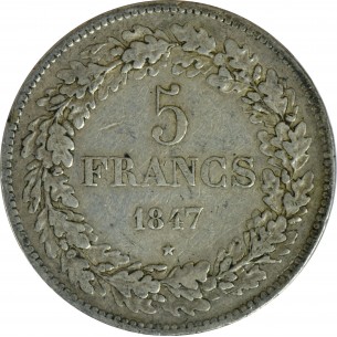 5 Francs BELGIQUE Léopold Ier tête laurée 1847 2