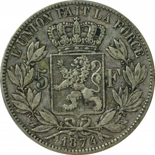 5 Francs BELGIQUE1874  Léopold II 1865 à 1874 2