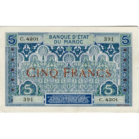 5 Francs Maroc 1924  -P.9