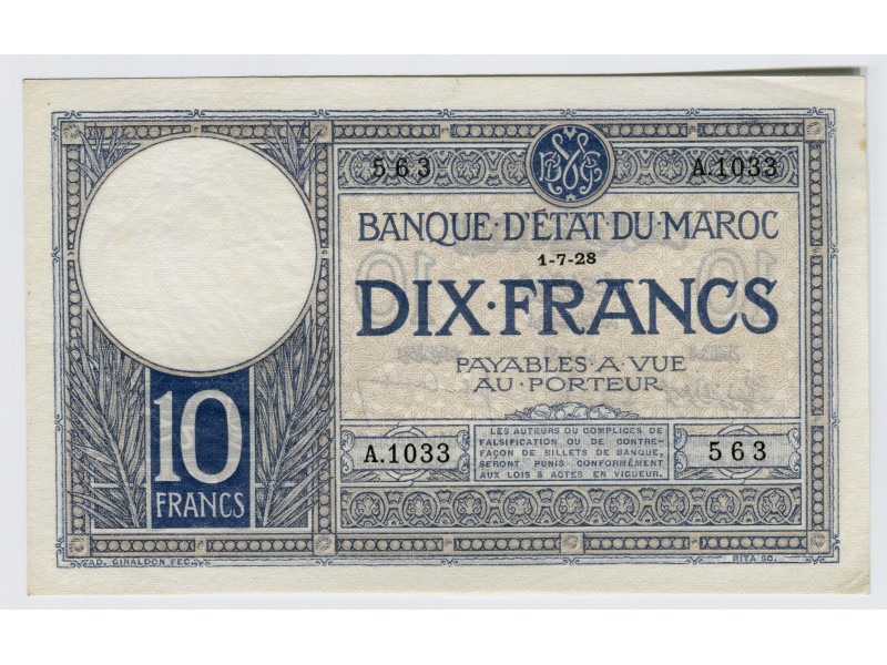MAROC 10 Francs 1-7-1928  P-11b SUP/SPL