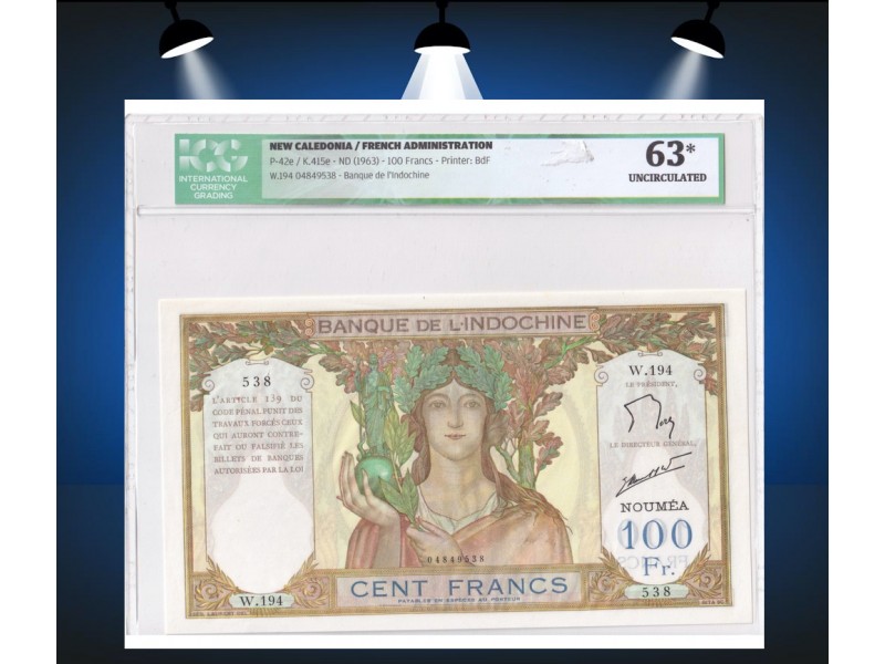 100 Francs NOUVELLE CALEDONIE (1963)  P.42e ICG Uncirculated 63*