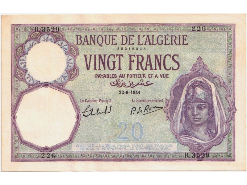 Algérie 20 Francs 22-09-1941
