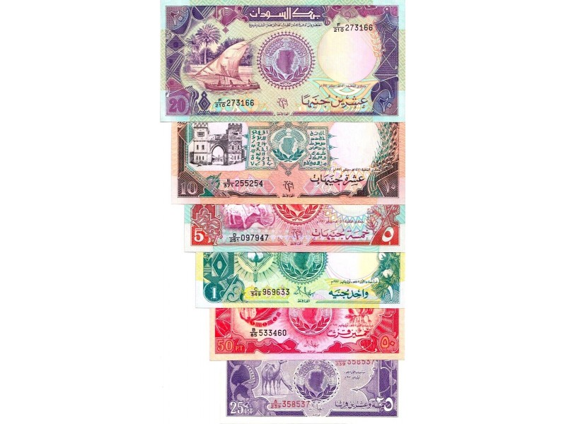 LOT DE 6 Billet SOUDAN : 25 Piastres à 20 Livres (1987-1991)