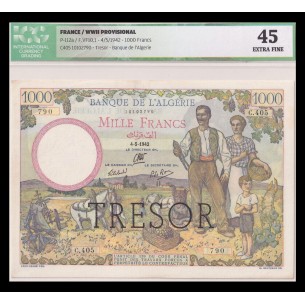 1000 Francs TRÉSOR ALGÉRIE 1942 P. 112a ICG 45 EXTRA FINE
