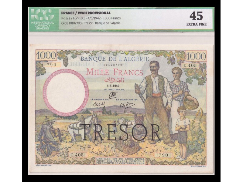 1000 Francs TRÉSOR ALGÉRIE 1942 P. 112a ICG 45 EXTRA FINE