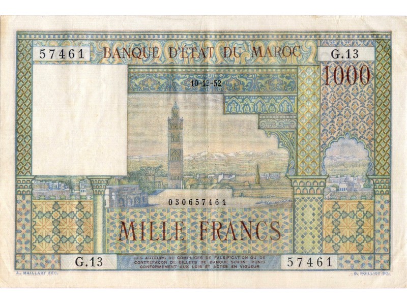 1000 Francs MAROC 1952 P.47