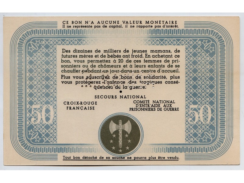 50 Francs BON DE SOLIDARITÉ FRANCE ANNULÉ 1941 KL.09A3