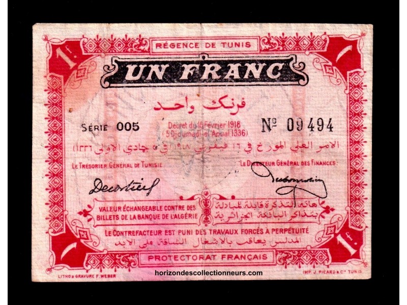 1 Franc Tunisie 1918 -P.33b