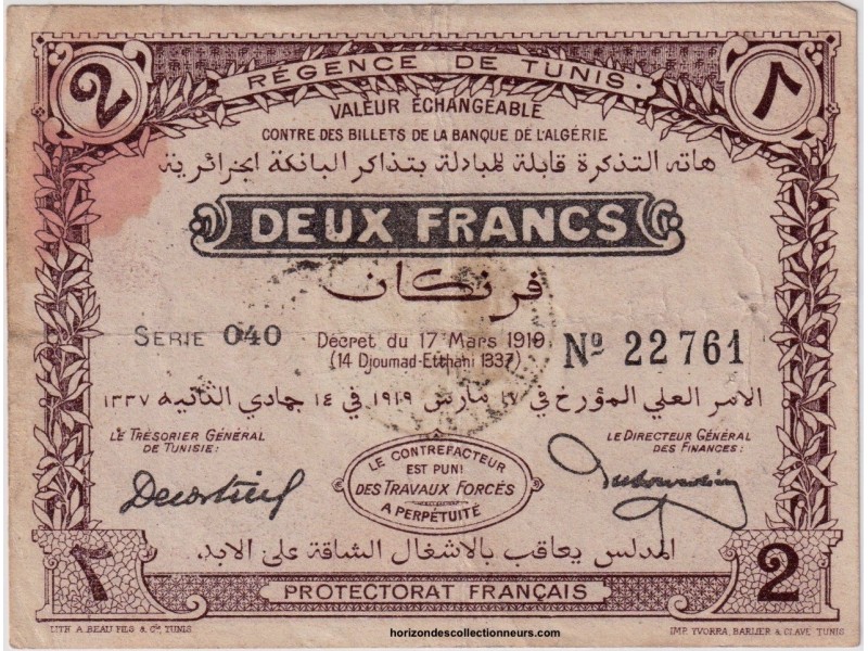 2 Francs Tunisie 1919 -P-47a