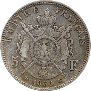 5 Francs Napoléon III, tête laurée 1868 STASBOURG 2
