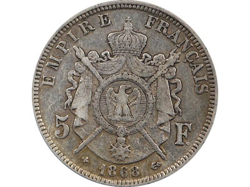 5 Francs Napoléon III, tête laurée 1868 STASBOURG