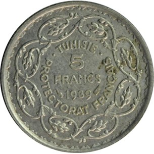 5 Francs TUNISIE 1939 argent, AHMED PACHA BEY de TUNISIE