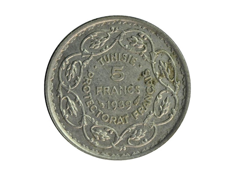 5 Francs TUNISIE 1939 argent, AHMED PACHA BEY de TUNISIE