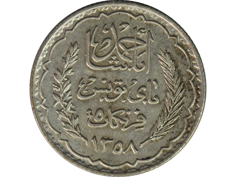 5 Francs TUNISIE 1939 argent, AHMED PACHA BEY...
