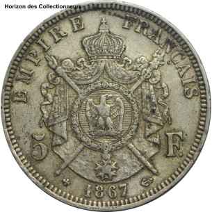 5 francs NAPOLÉON III, tête laurée 1867 Strasbourg TTB+ 2