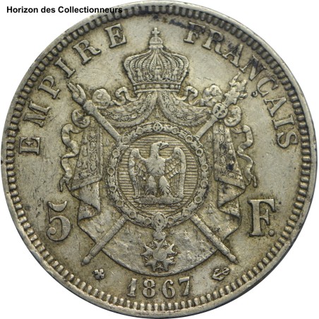 5 francs NAPOLÉON III, tête laurée 1867 Strasbourg TTB+