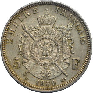 5 Francs NAPOLEON III 1869 Strasbourg TTB + 2