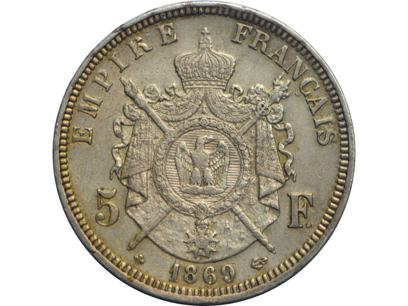 5 Francs NAPOLEON III 1869 Strasbourg TTB +