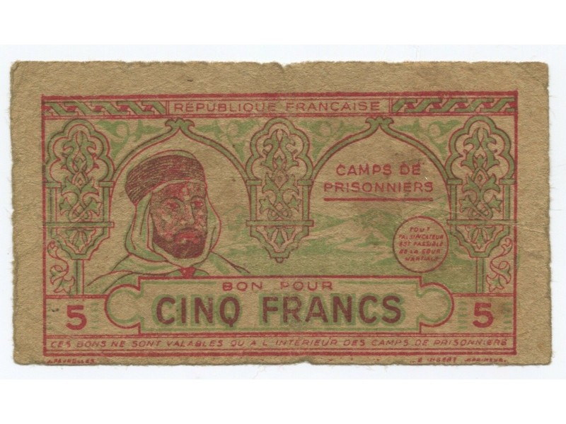 Billet Algérie 5 Francs camp prisonnier (1943)
