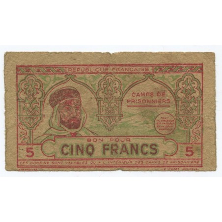 Billet Algérie 5 Francs camp prisonnier (1943)