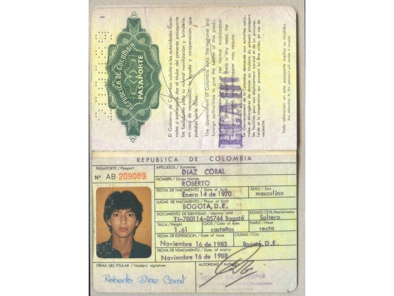Ancien Passeport REPUBLIQUE COLOMBIE Homme...