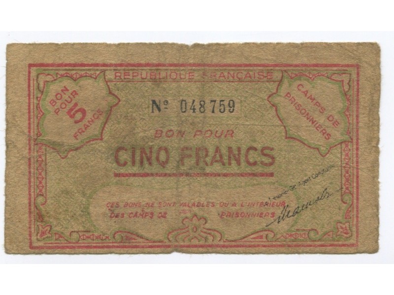 Billet Algérie 5 Francs camp prisonnier (1943)