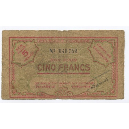 Billet Algérie 5 Francs camp prisonnier (1943)