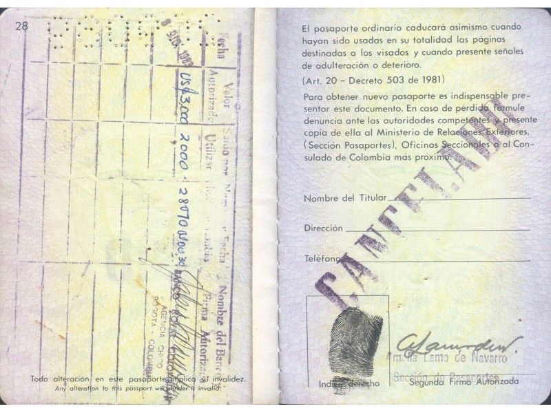 Ancien Passeport REPUBLIQUE COLOMBIE Homme...