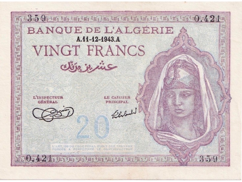 Algérie 20 Francs 1943 P-92a