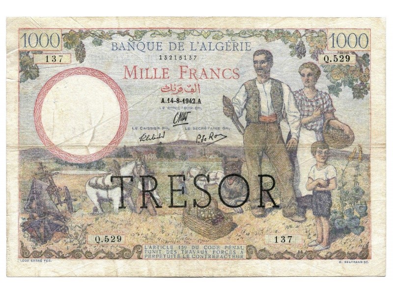 FRANCE  - Billet 1000 Francs  SURCHARGE TRÉSOR SUR BANQUE DE L'ALGÉRIE  P-112a  1942