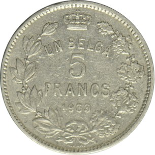 5 Francs BELGIQUE Albert 1er 1933 2