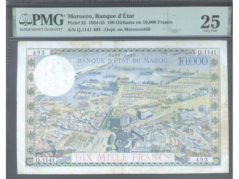 100 Dirhams Sur 10000 Francs MAROC 1955 P.52...