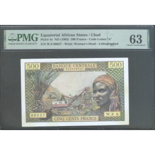 500 Francs TCHAD (1963) P.4e Petit Numéro PMG 63 CHOICE UNCIRCULATED