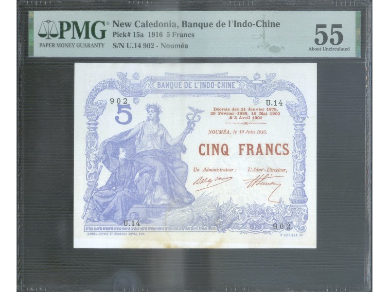 5 Francs NOUVELLE-CALÉDONIE 1916 P.15a PMG 55 About Uncirculated -horizondescollectionneurs.com