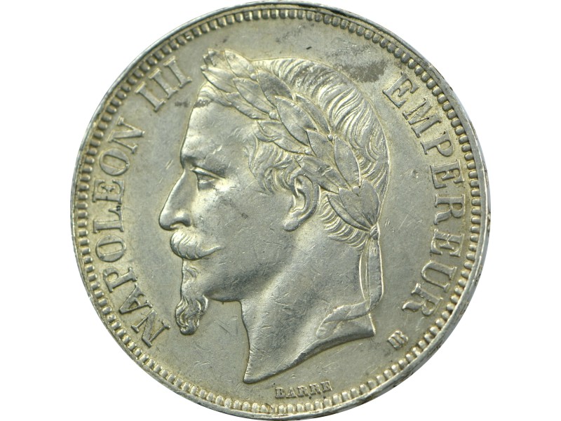 5 Francs Napoléon III 1868 Strasbourg tête laurée