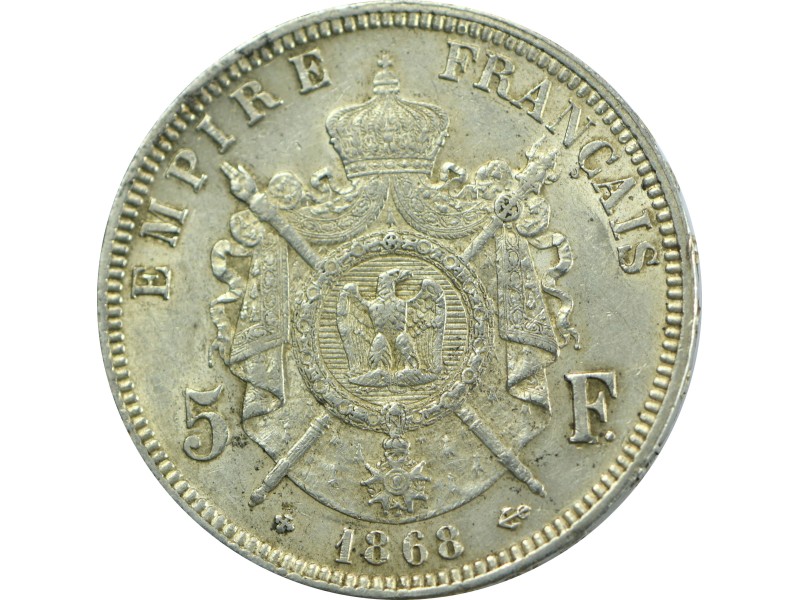 5 Francs Napoléon III 1868 Strasbourg tête laurée