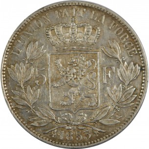 BELGIQUE 5 Francs Leopold Premier 1853 tête nue 2