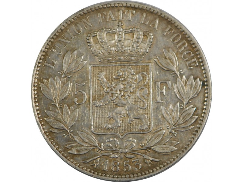 BELGIQUE 5 Francs Leopold Premier 1853 tête nue