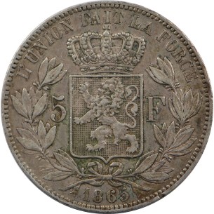 BELGIQUE 5 Francs Leopold Premier 1865 2