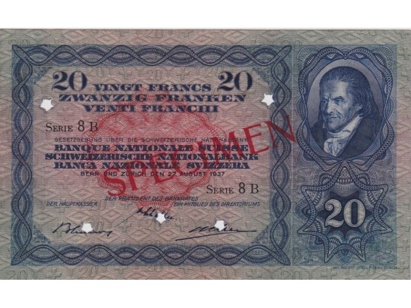 20 Francs Spécimen SUISSE 1937 asF.39f