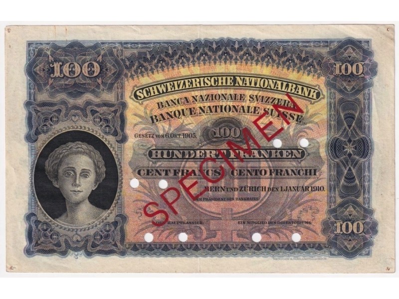 100 Francs Spécimen SUISSE 1910 P.06s