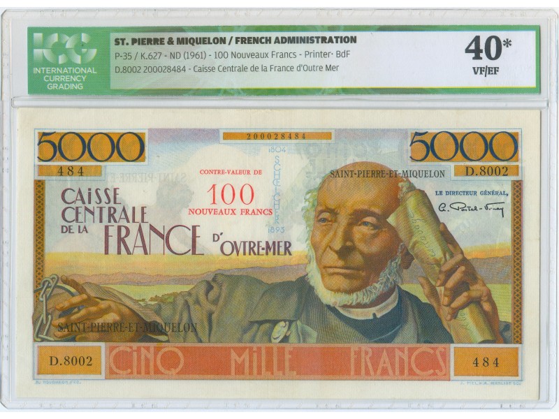 5000 FRANCS ST. PIERRE & MIQUELON SURCHARGÉ 100 NF  P.35  BILLET/NOTE TTB/SUP