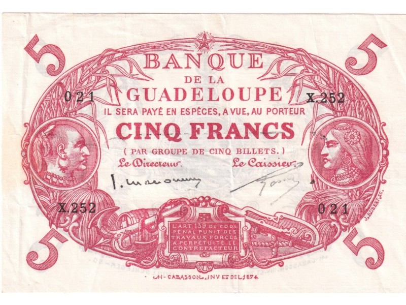 5 Francs Cabasson rouge GUADELOUPE 1943 P.7c