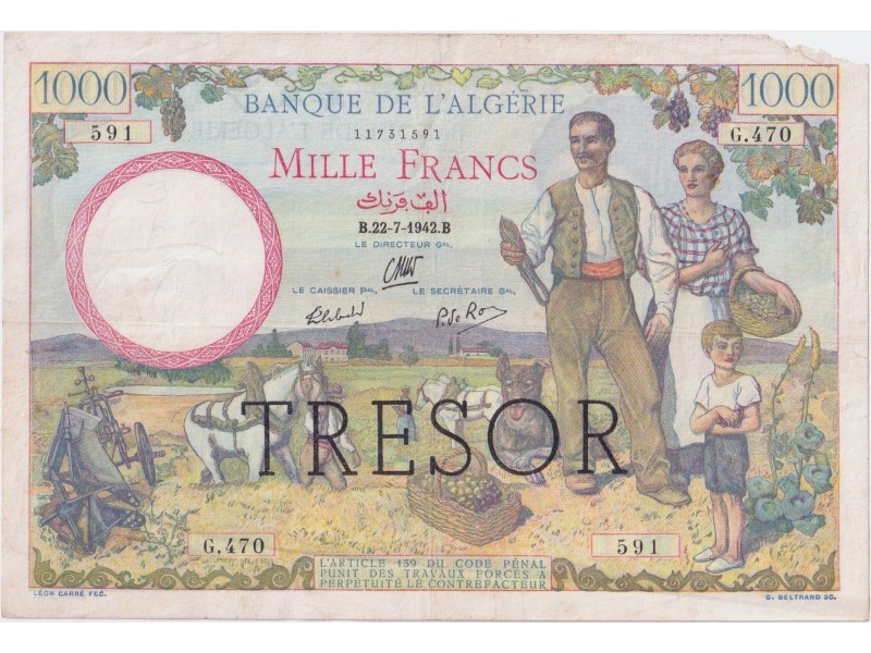 1000 Francs ALGÉRIE TRÉSOR 1942 P-112a