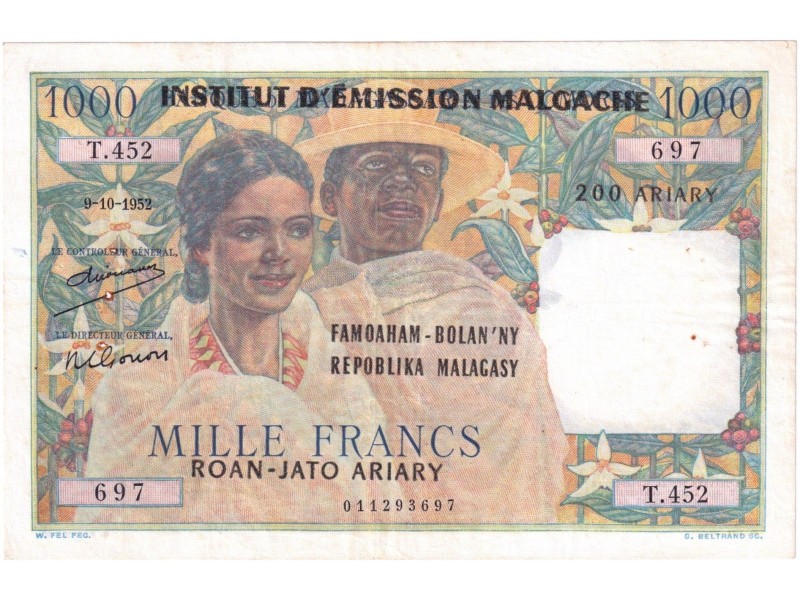 1000 Francs -200 Ariary MADAGASCAR 1952 P.54