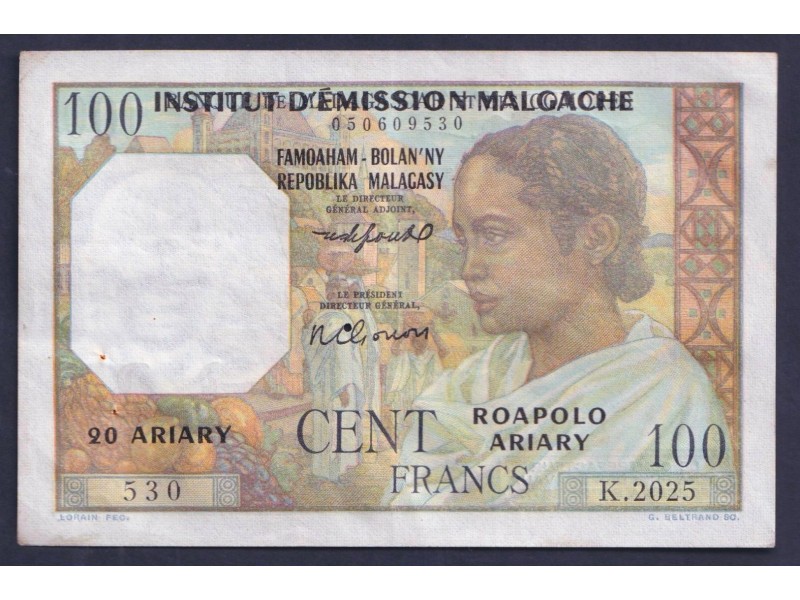 100 Francs - 20 Ariary MADAGASCAR 1961 P.052