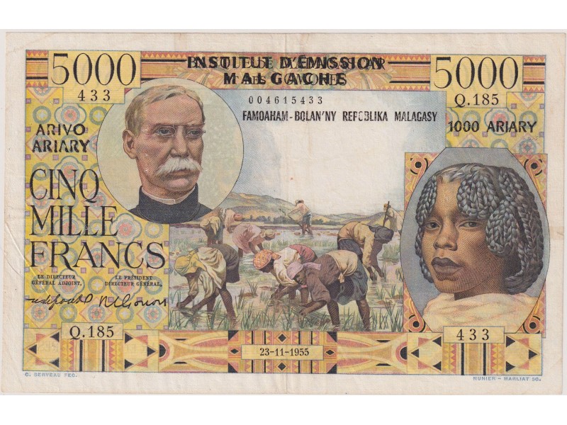 Madagascar 5000 Francs sur 1000 Ariary 1955 P.55