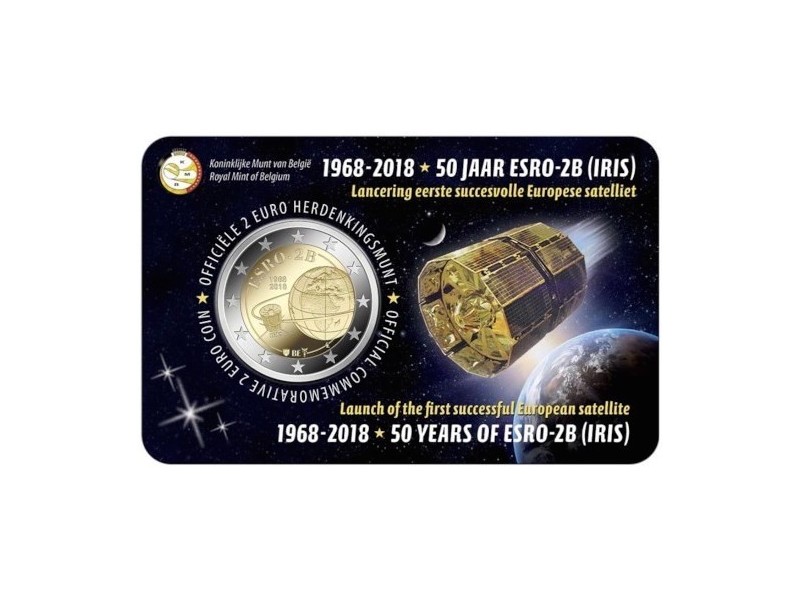 2 Euro Belgique 2018- Coincard 50e anniversaire du lancement du satellite 2B-ESRO-horizondescollectionneurs.com
