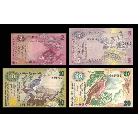 Lot de 4 billet 2 5 10 et 20 Rupees SRI LANKA 1979