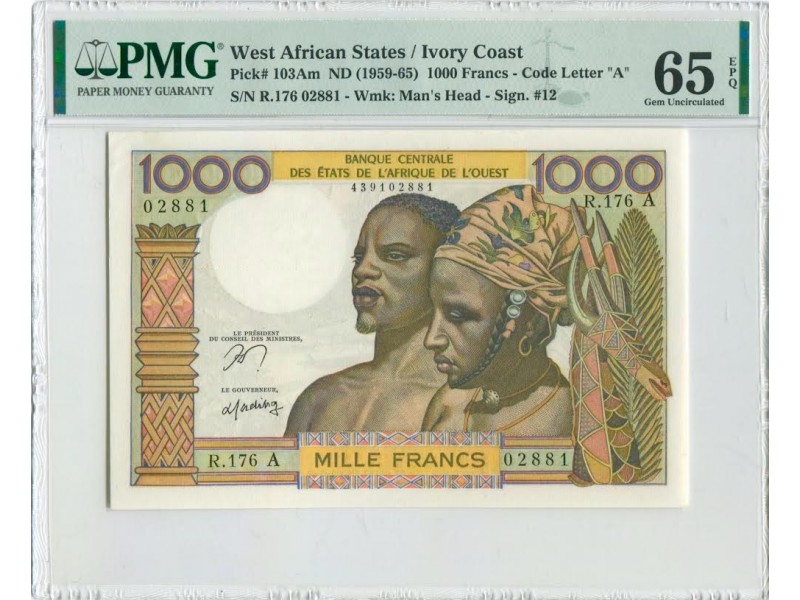 9074 - COTE D'IVOIRE 1000 Francs  P.103Am PMG 65 EPQ